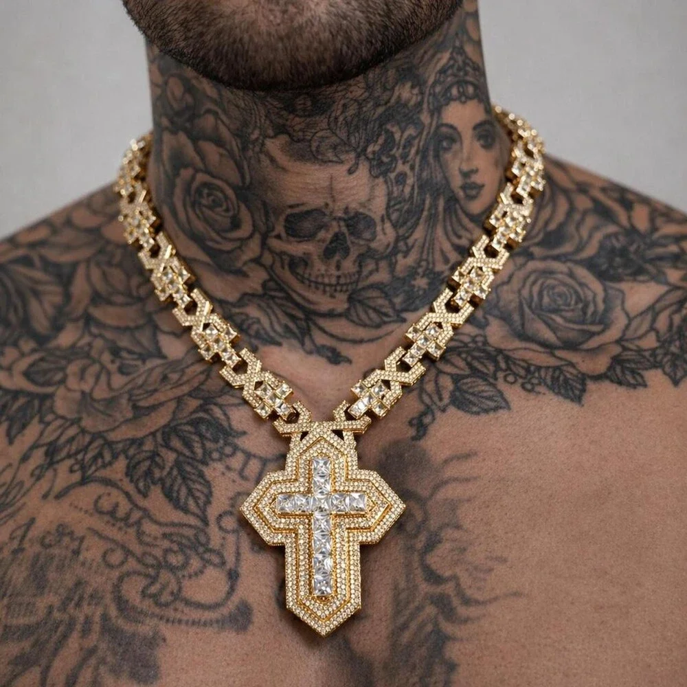 Iced Out Gold Cross Necklace 20inch